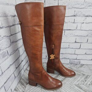 Brown Leather Over the Knee Riding Boots With Block Heel Side Zipper Womens 7.5M
